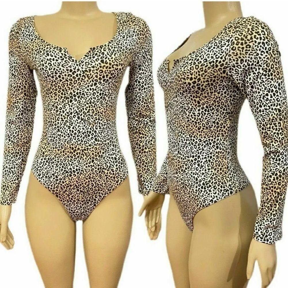 Victorias Secret Pink Soft Cotton Long Sleeve Bodysuit Shirt Top Animal Print